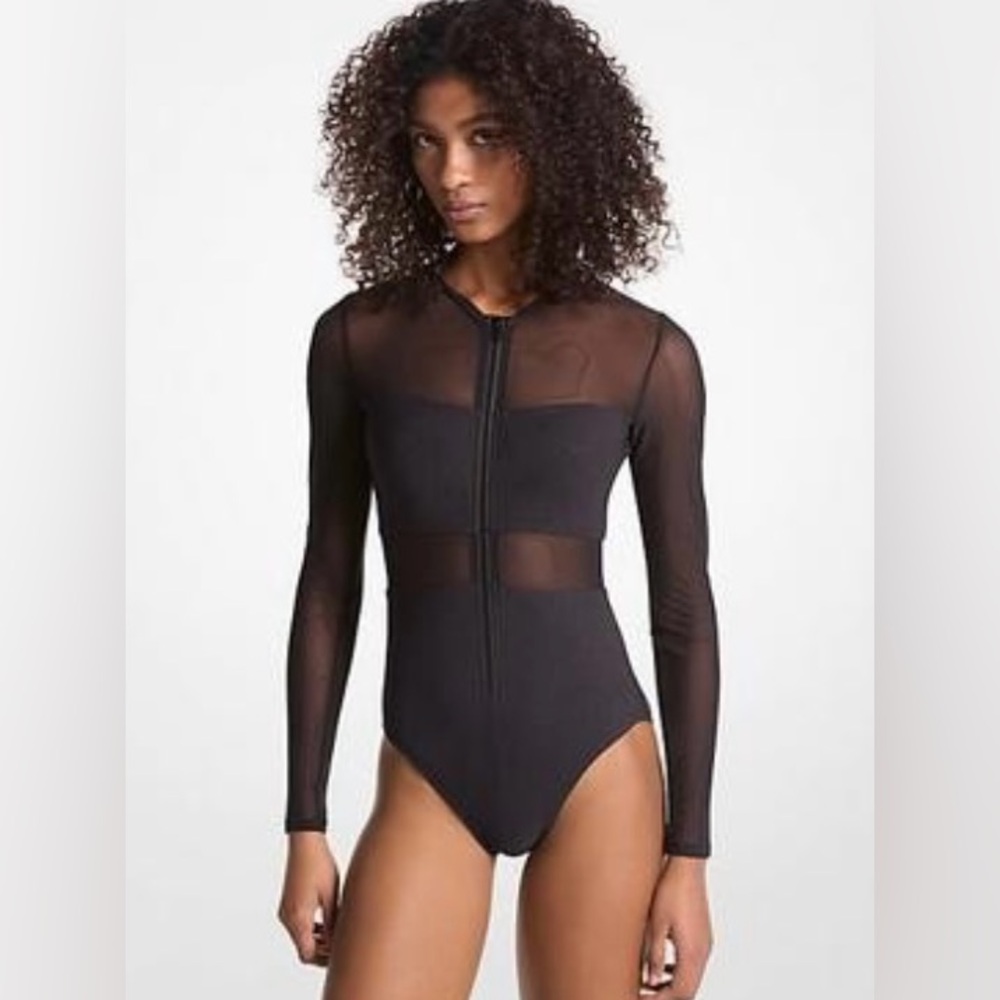 MICHAEL Michael Kors Black Mesh-Panel Long Sleeve One-Piece Swimsuit
